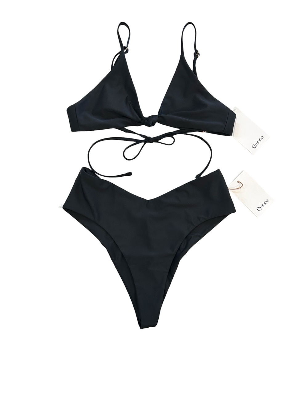 Quince Italian knotted triangle bikini top and V-cut high leg bottom M black NWT